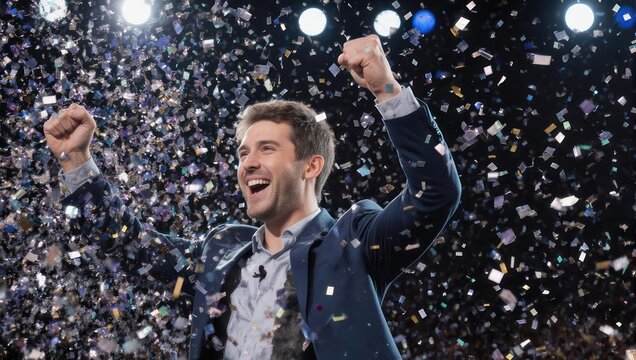 Excited Man Celebrating with Confetti and Arms Raised in Triumph.