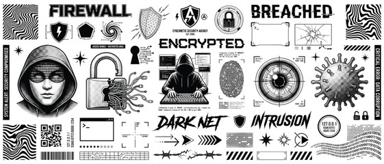 Firewall breached hacker vector set with encrypted dark net intrusion cybersecurity fingerprint icons black white cyberpunk clothing print poster art sticker template © Ahmed