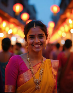 Young Indian woman wearing traditional yellow pink sari smiles at festive night market. Beautiful lady portrait with gold jewelry stands among glowing lanterns in outdoor city street. People walk in