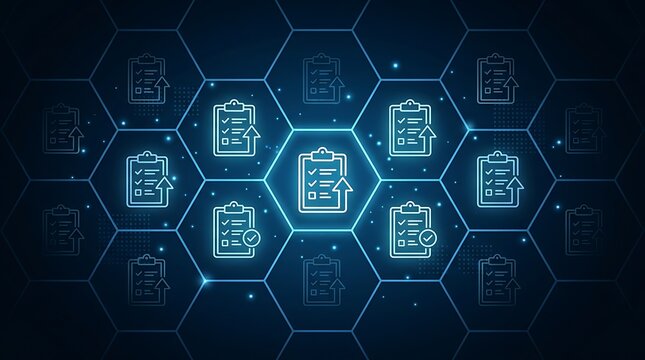 Abstract digital technology background with clipboard icons representing task management and workflow optimization in a hexagonal network
