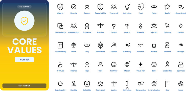 Core Values icon set. Contain icons related to integrity, honesty, respect, teamwork, trust, responsibility, ethics, and more. Editable stroke. Vector illustration