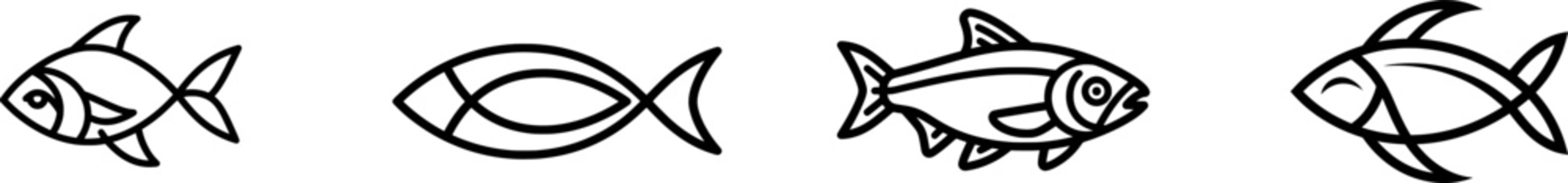 A minimalist black outline icon of a swimming fish with thick uniform lines, set against a pure white background, exudes simplicity and elegance in its design