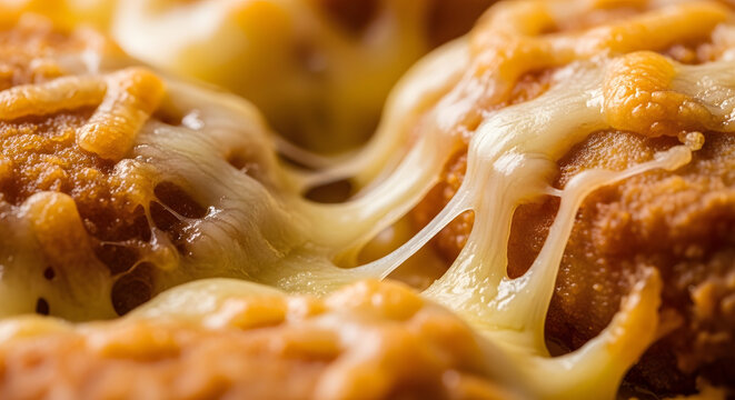 Fried cheese croquettes display long strings of melted mozzarella against a warm brown background.