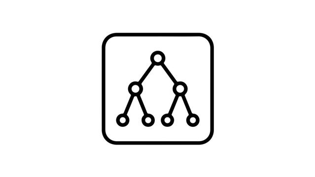 A geometric network diagram featuring interconnected nodes arranged in a hierarchical structure within a square frame.