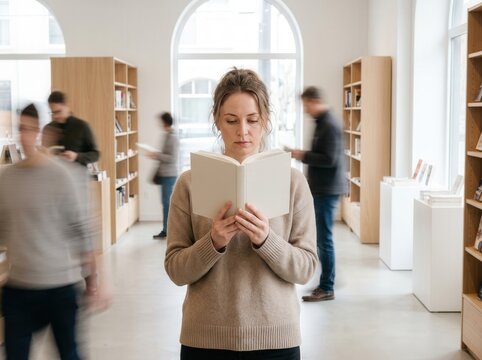 A woman in a cozy sweater stands absorbed in reading an open book inside a bright contemporary bookstore or library while fellow readers and visitors walk past in smooth motion blur.