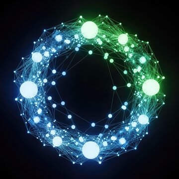 An intricate web of illuminated nodes and lines forms a sturdy circular chain representing unbreakable connections in a logistics network, connection, stability, supply