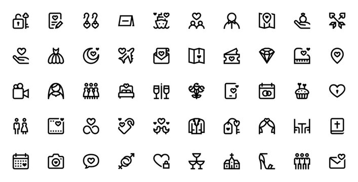 Wedding icon set. Minimal vector icons pack. Featuring engagement ring, bride, groom, wedding dress, honeymoon, champagne, bouquet, church, love, heart, and more. Editable vector stroke.