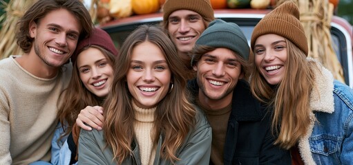 Fototapeta premium Outdoor autumn celebration with friends by a vintage truck, decorated with seasonal gourds and straw.