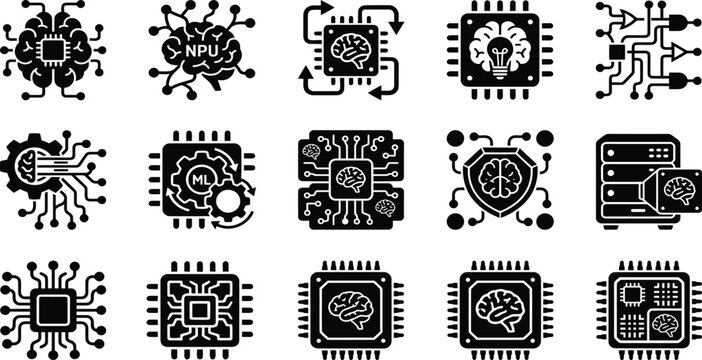 Artificial intelligence microchip and machine learning hardware icon set