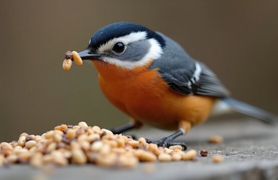 Close up of small nuthatch bird eating nuts from pile on wooden surface. Wild avian has orange chest feathers and grey wings. Its black eye observes surroundings carefully while holding food.