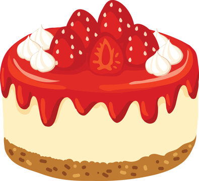Strawberry cheesecake illustration with fresh berries whipped cream and biscuit crust