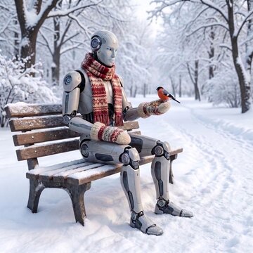 An android is feeding bullfinches in a winter park.