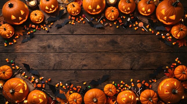 Happy halloween festive jack o' lanterns candy decorations on rustic wood background