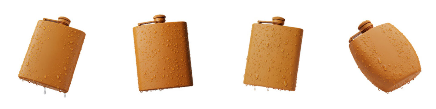 Four brown metal pocket flasks with water drops isolated on black