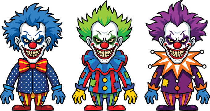 Colorful Evil Clown Character Collection Set with Scary Faces and Fantasy Circus Costumes Cartoon Vector Illustration