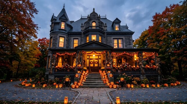 Happy halloween spooky victorian house decorated with jack o' lanterns and fall foliage