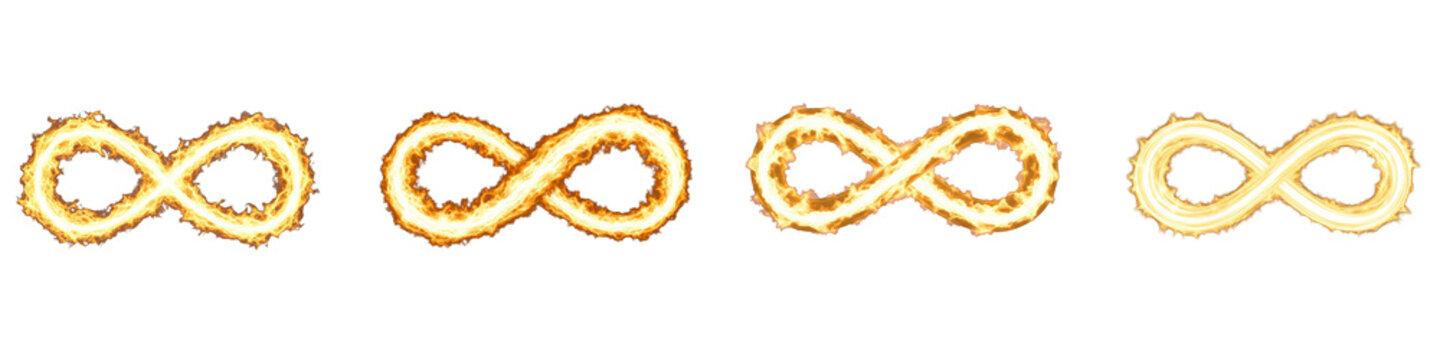 Four burning infinity symbols in different fire styles on black background