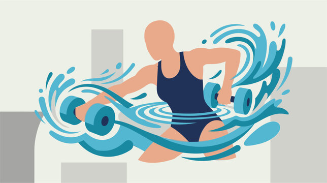 Detailed vector illustration of diverse people performing aquatic aerobics movements in a swimming pool using foam dumbbells and pool noodles for low-impact fitness training.