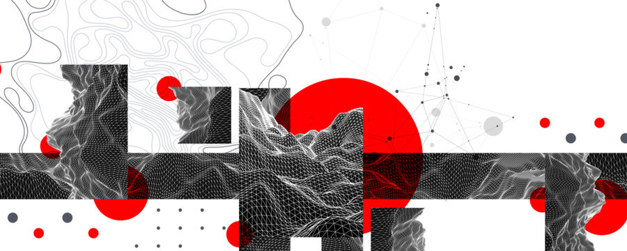 Abstract wireframe graphic background with red circles black geometric shapes and wave lines. Vector