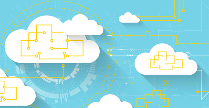 Cloud computing and data storage network concept with abstract circuit diagrams. Vector illustration