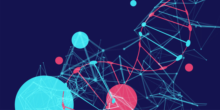 Abstract vector futuristic DNA helix structure with digital plexus network on dark background.