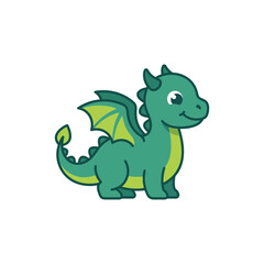 Fototapeta premium Cute green baby dragon, cartoon style, fantasy creature, isolated on white background