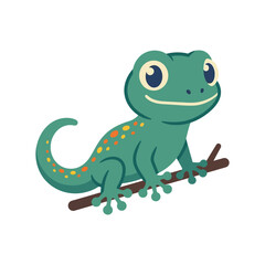 Fototapeta premium Cute Green Gecko Lizard with Orange Spots Sitting on a Branch, Cartoon Style