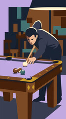 Man in Dark Attire Playing Billiards, Focused on Cue Ball on Purple Felt Table, Viewed from Slightly Low Dynamic Angle in Dimly Lit Room, Geometric Background Elements © Fauzanstudio