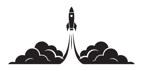 Rocket ship launching with thick black smoke clouds isolated on transparent background vector icon design. © Farik