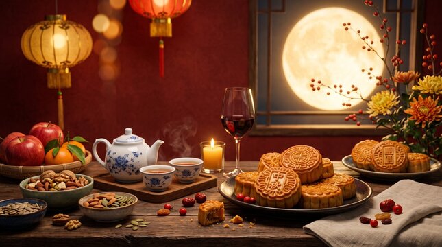Festive mid autumn festival celebration with mooncakes lanterns and autumn fruits under a full moon
