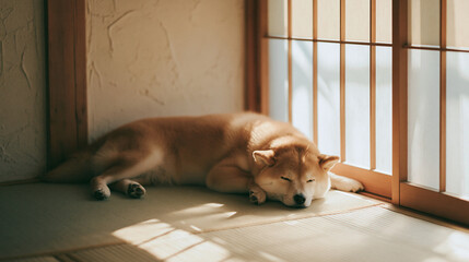 Fototapeta na wymiar Sleeping Shiba Inu Resting on Tatami Floor by Shoji Window in a Traditional Japanese Room