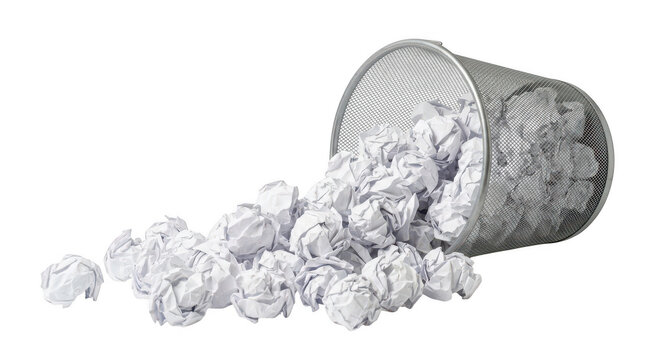 Crumpled paper balls pile on surface isolated on transparent background