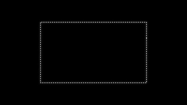 Simple rectangular frame made of white dashed lines isolated on a solid black background for digital interface selection or cropping tool