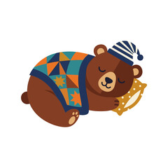 Obraz premium Cute Sleeping Bear Cub Wearing Nightcap, Covered with Quilt, Resting on Pillow