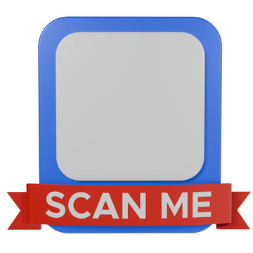 QR Code Frame 3D Render with Scan Me Red Ribbon and Blank Copy Space