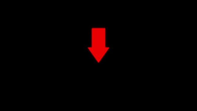 Bright red arrow pointing downwards isolated on a solid black background for navigation and directional signage in digital media and