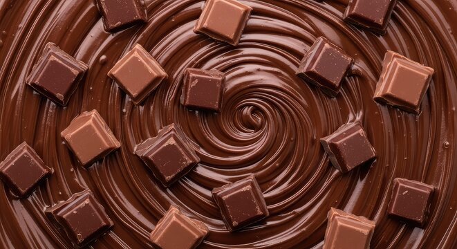 Sfondo di cioccolato fuso denso e lucido con pezzetti solidi di cioccolato fondente e al latte sparsi, texture golosa e vellutata al cacao, gastronomia, movimento, primo piano