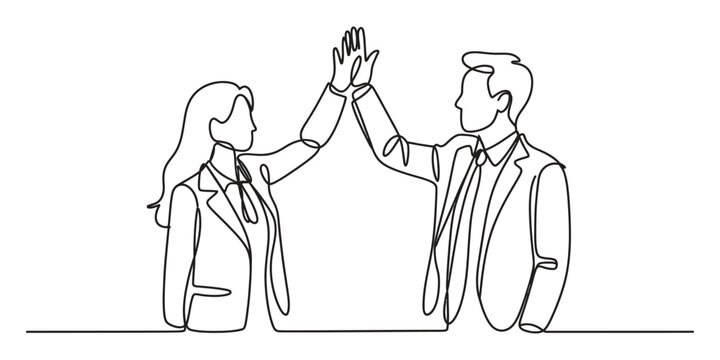 Business man and woman giving a high five in a continuous single line drawing