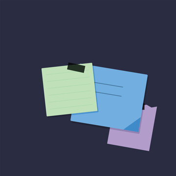 Three colorful sticky notes with tape attached to a dark purple background