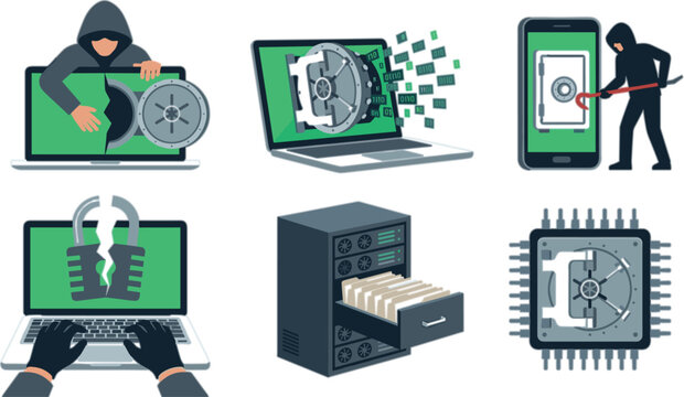 Cyber Crime and Data Breach Illustration Set with Hackers Breaking Bank Vaults Laptops Mobile Phones and File Servers for Network Security Concepts