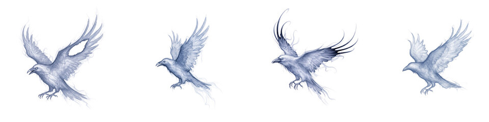 Obraz premium Four ethereal glowing ravens in flight isolated on a black background