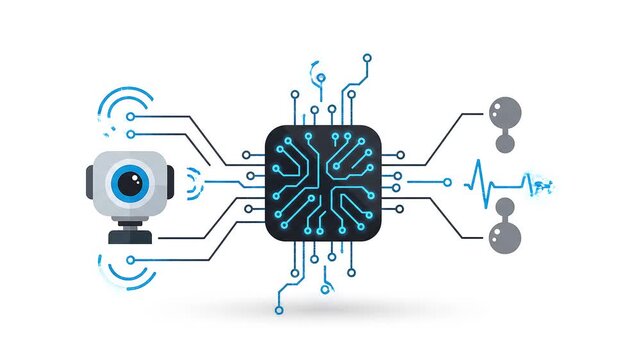 AI edge computing processor icon with data flow. Compact neural chip technology for smart devices and IoT integration.