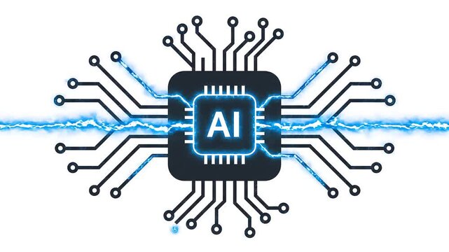 AI processor chip with glowing neural network circuits. Advanced microchip technology for machine learning and deep neural computing.