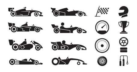 Obraz premium Racing car icons set, race sport cars, formula one vehicles and accessories vector illustration.