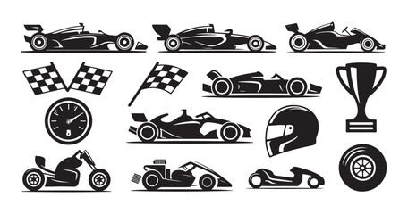 Set of racing car icons, race sport cars, formula one vehicles and accessories vector illustration. © Farik
