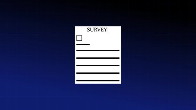 White paper document with the word survey written at the and lines for text input on a dark blue background with a subtle grid pattern overlay