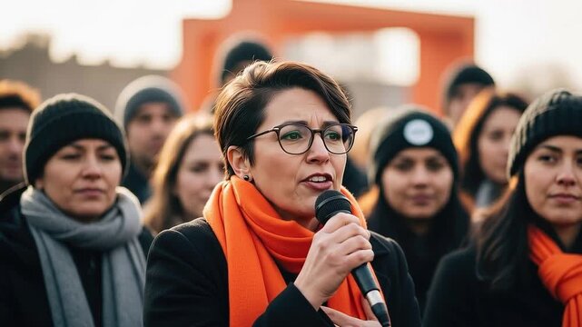 Woman speaking at a public protest