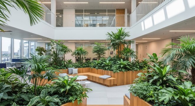 Vibrant tropical plants fill a bright contemporary office atrium with warm wooden seating and minimalist architecture in natural light, sustainable, nature, atrium