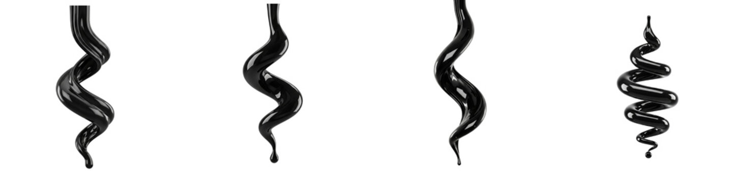 Four glossy black liquid spirals flowing on a solid black background