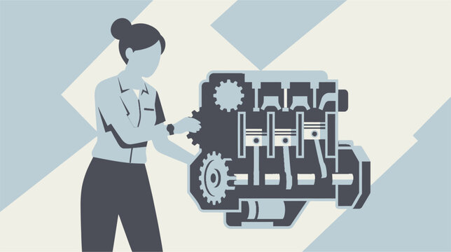 Detailed technical illustration of a complex mechanical internal combustion engine assembly with pistons, crankshaft, gears, and cylinder block for industrial engineering.